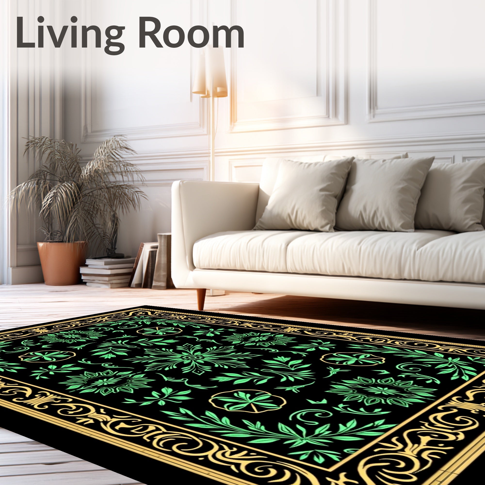 Ornate Black Gold Green Floral Rug