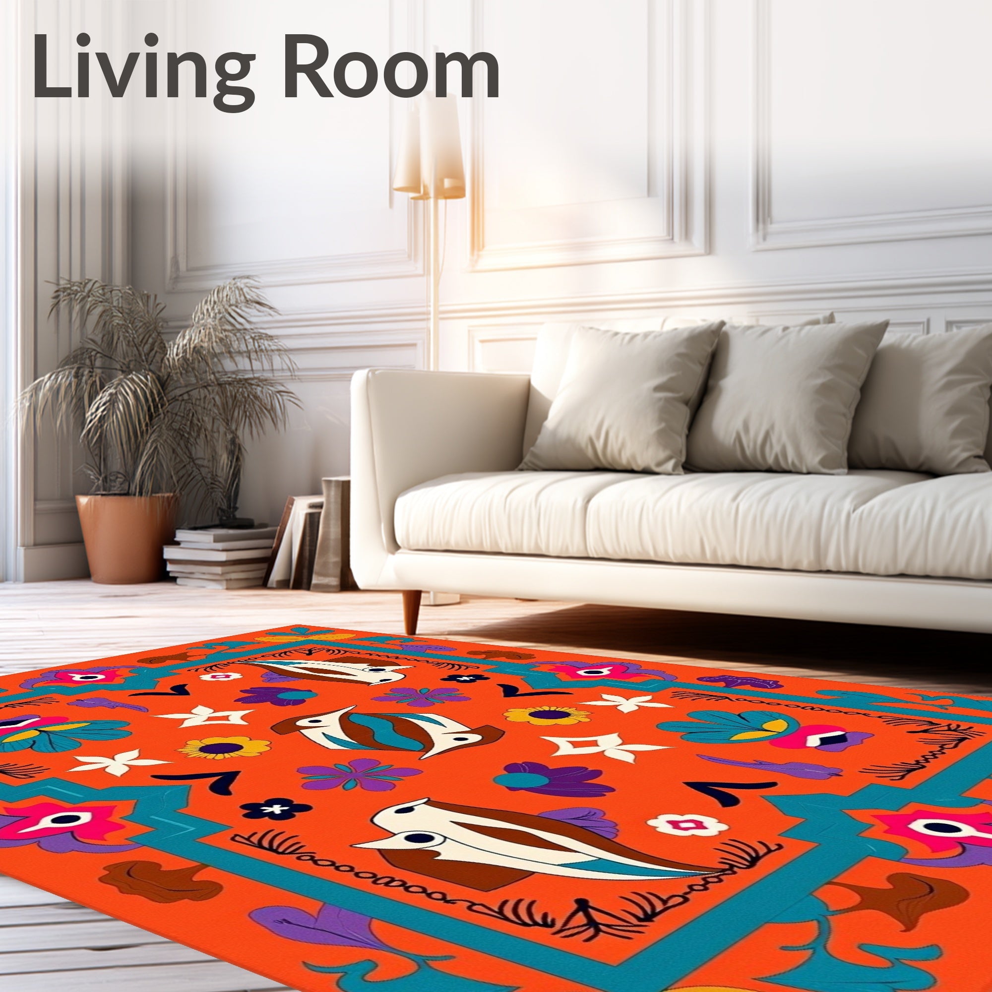 Orange Teal Bird Floral Folk Art Rug