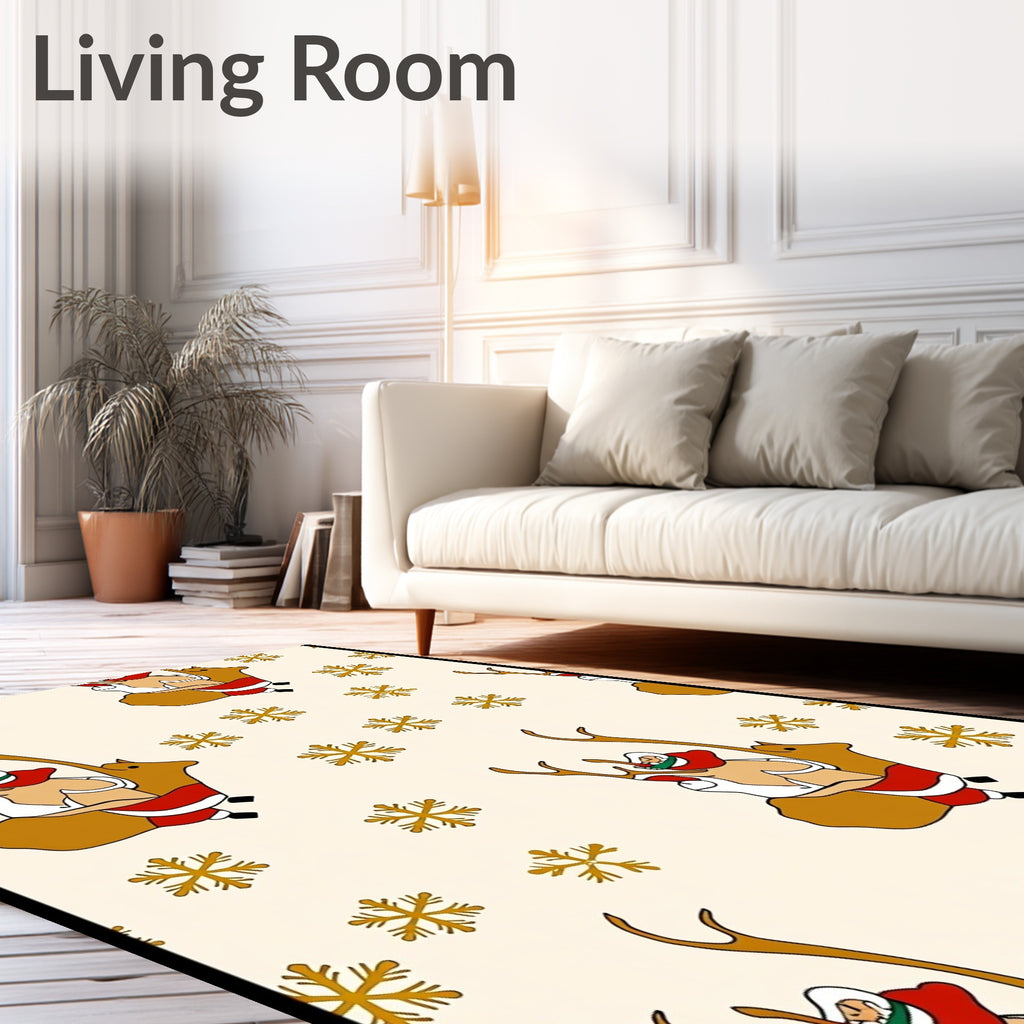 Golden Santa And Reindeer Snowflakes Rug