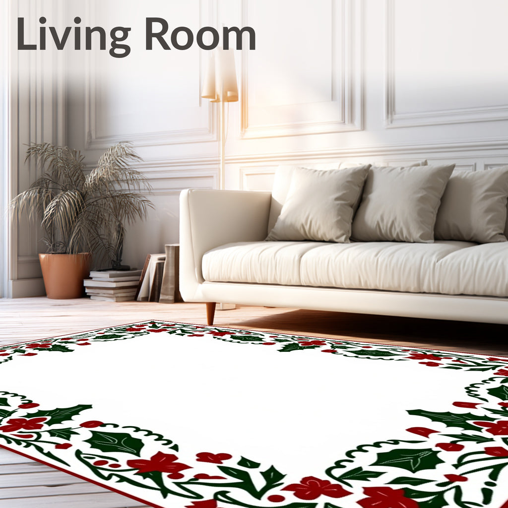 Festive Red Green Holly Border Rug