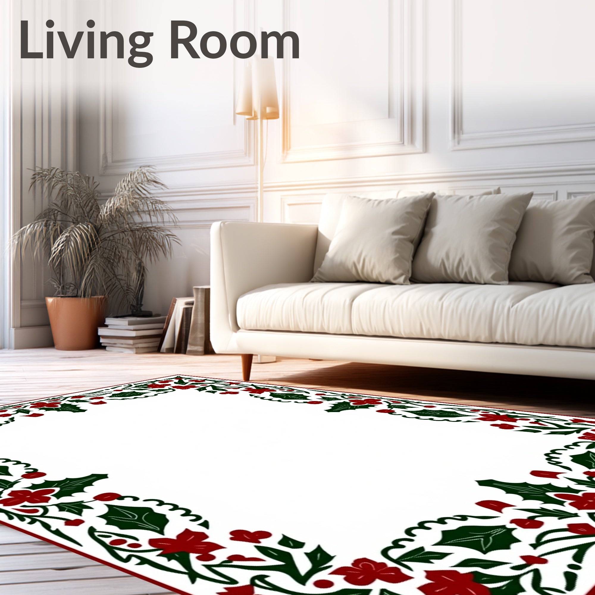 Festive Red Green Holly Border Rug