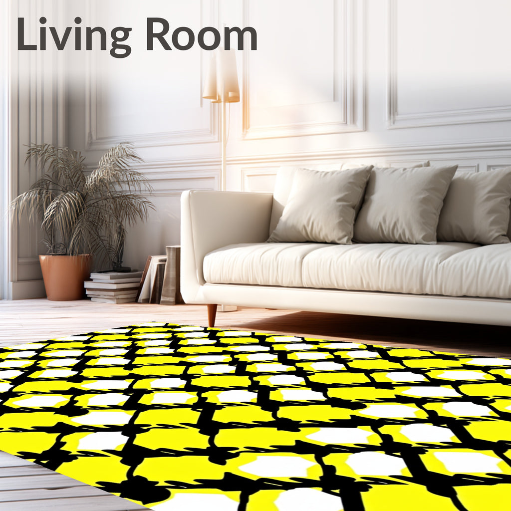 Vivid Yellow Black Abstract Grid Rug