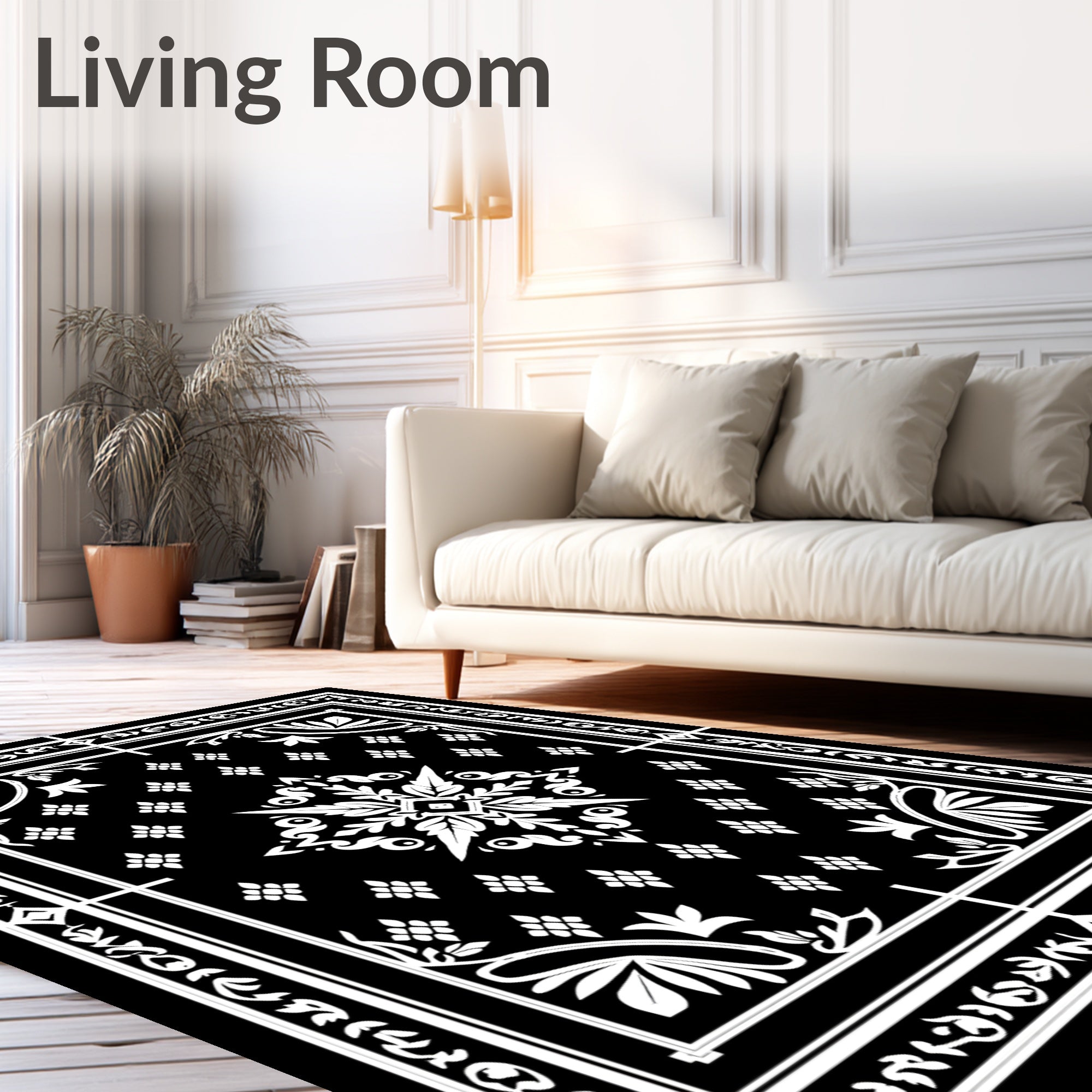 Ornate Black White Floral Square Rug