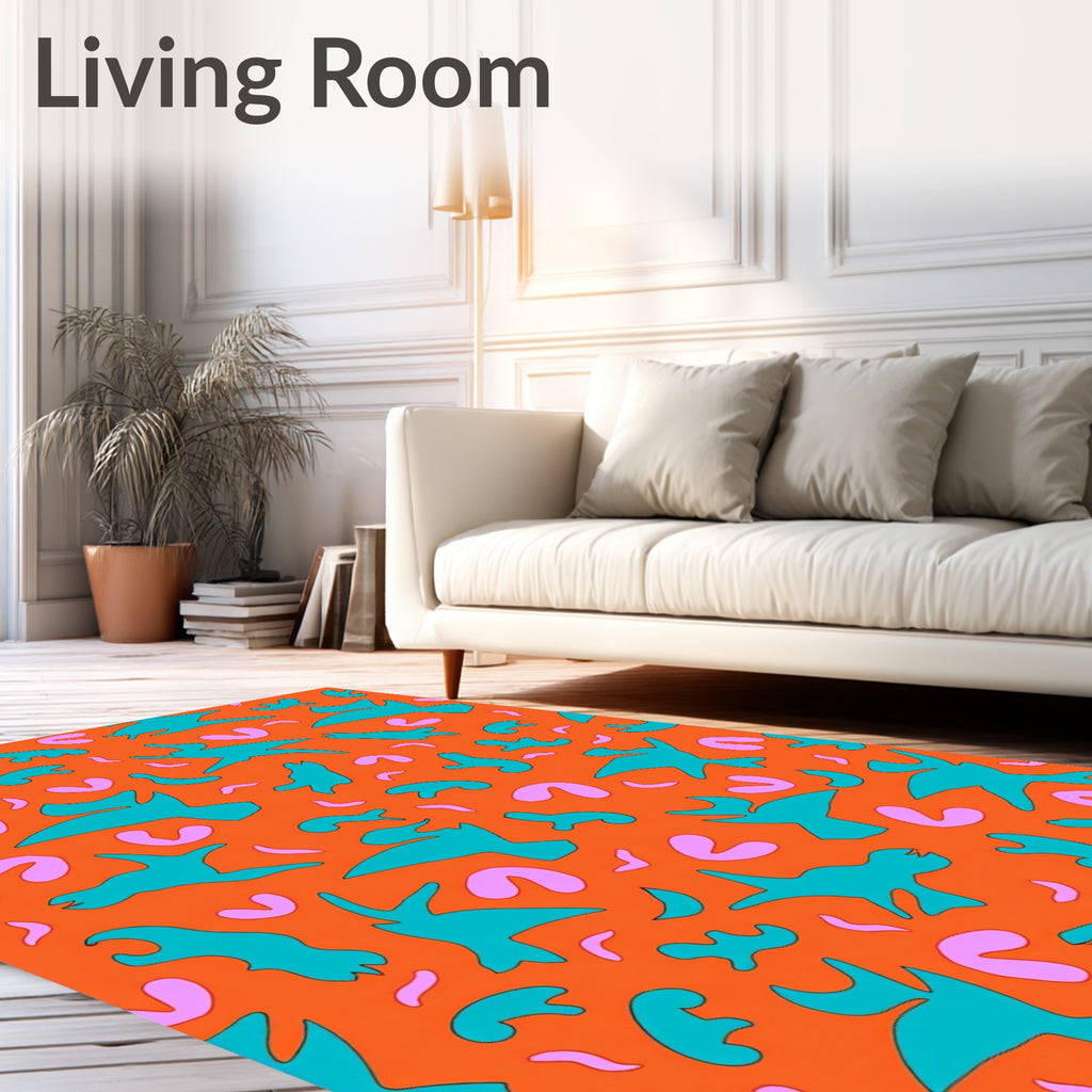 Retro Teal Birds Orange Pink Swirls Rug