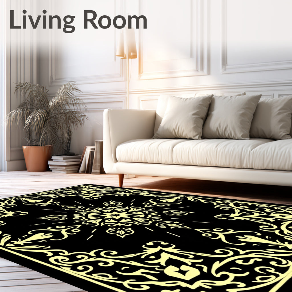 Golden Ornate Black Floral Scroll Rug