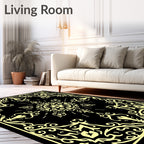 Golden Ornate Black Floral Scroll Rug