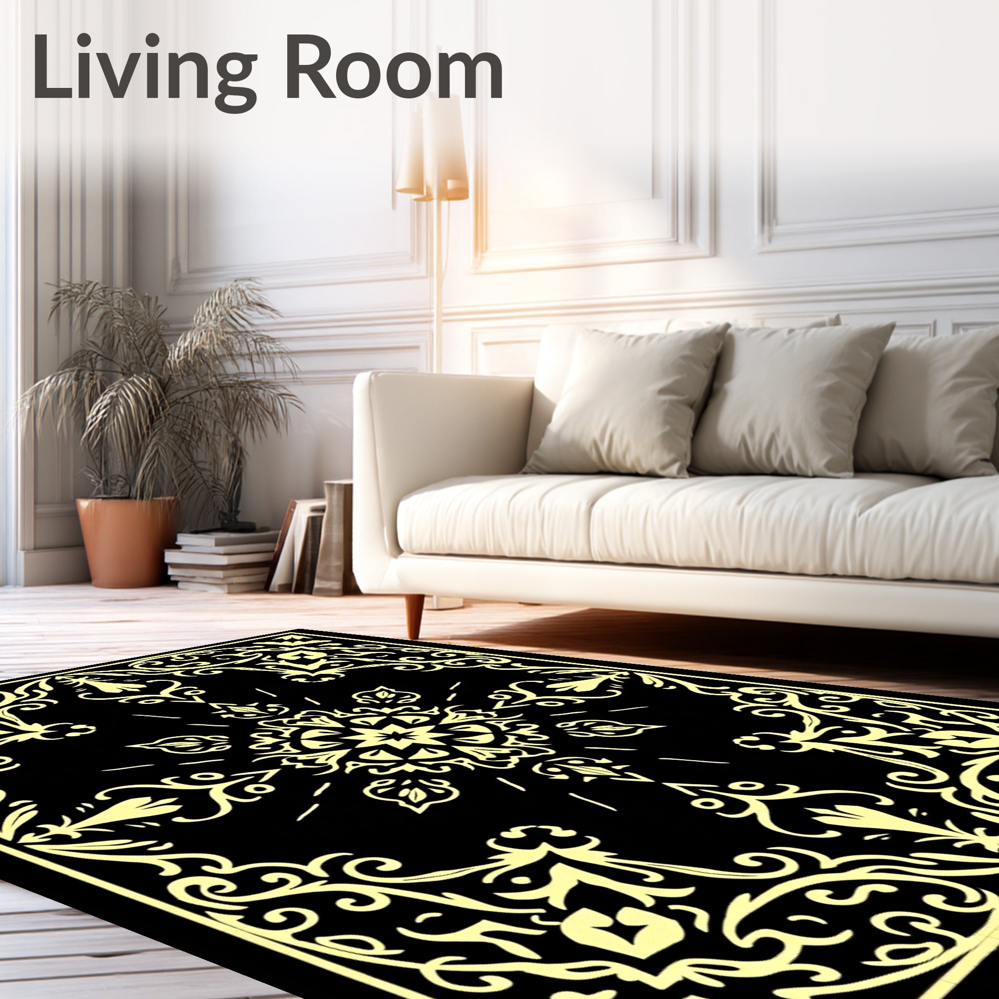 Golden Ornate Black Floral Scroll Rug