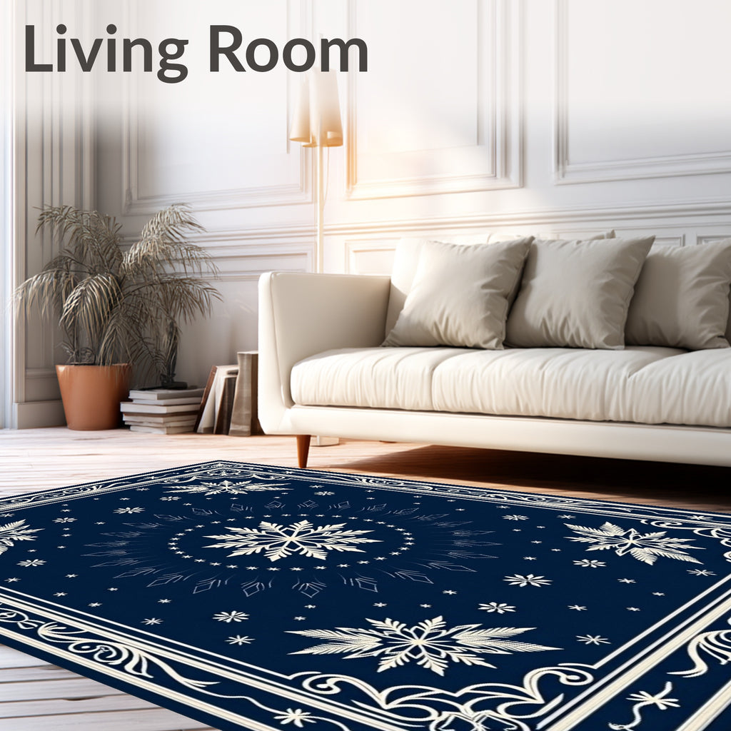 Navy Blue Snowflake Mandala Border Rug