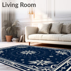 Navy Blue Snowflake Mandala Border Rug