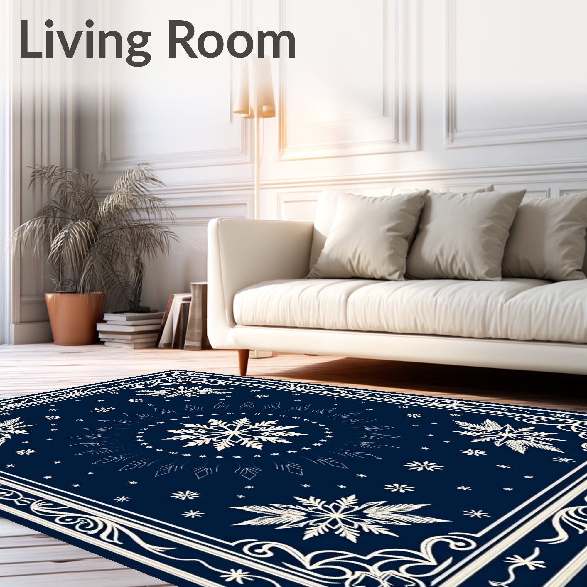 Navy Blue Snowflake Mandala Border Rug