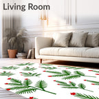 Green Holly Berry Branches on White Rug