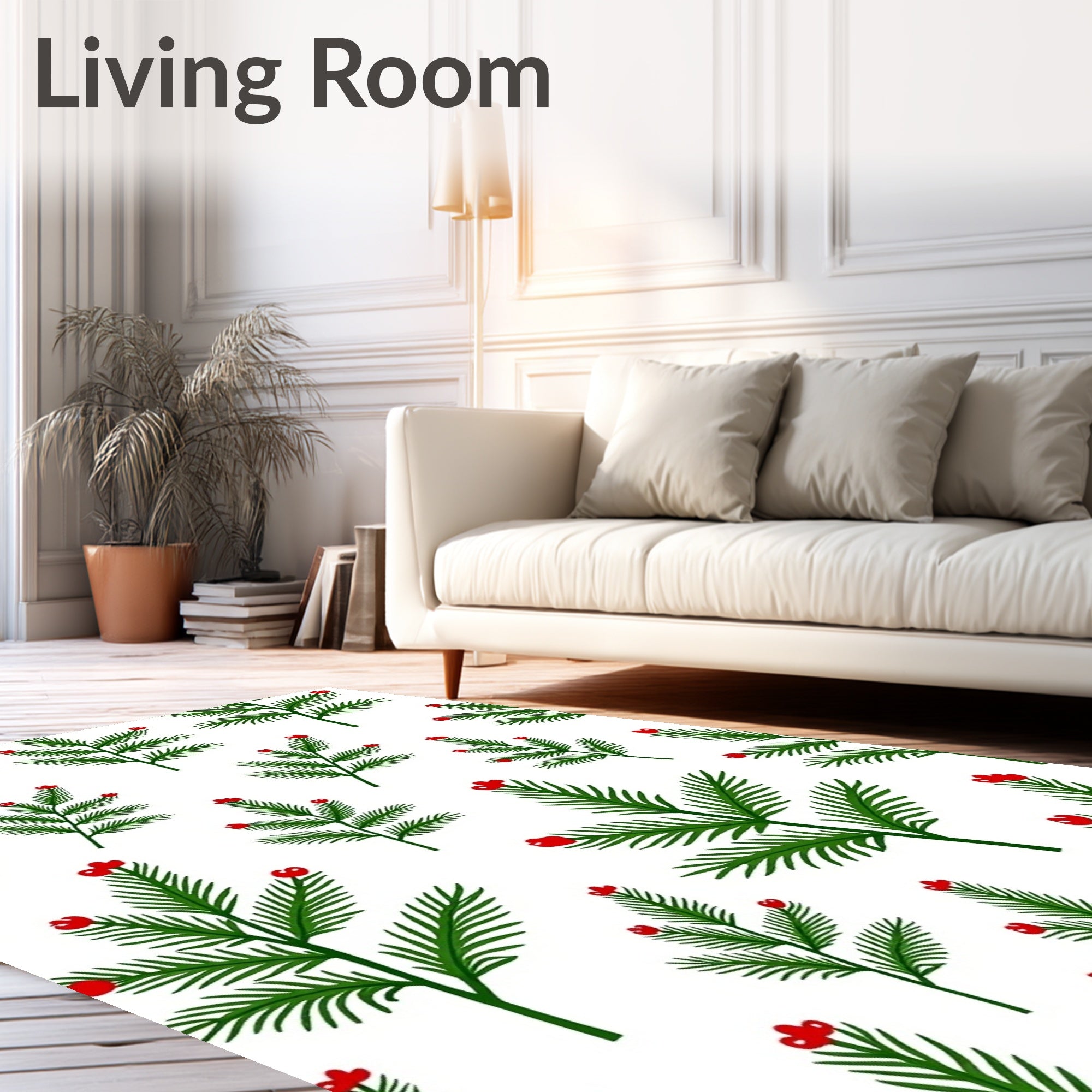 Green Holly Berry Branches on White Rug