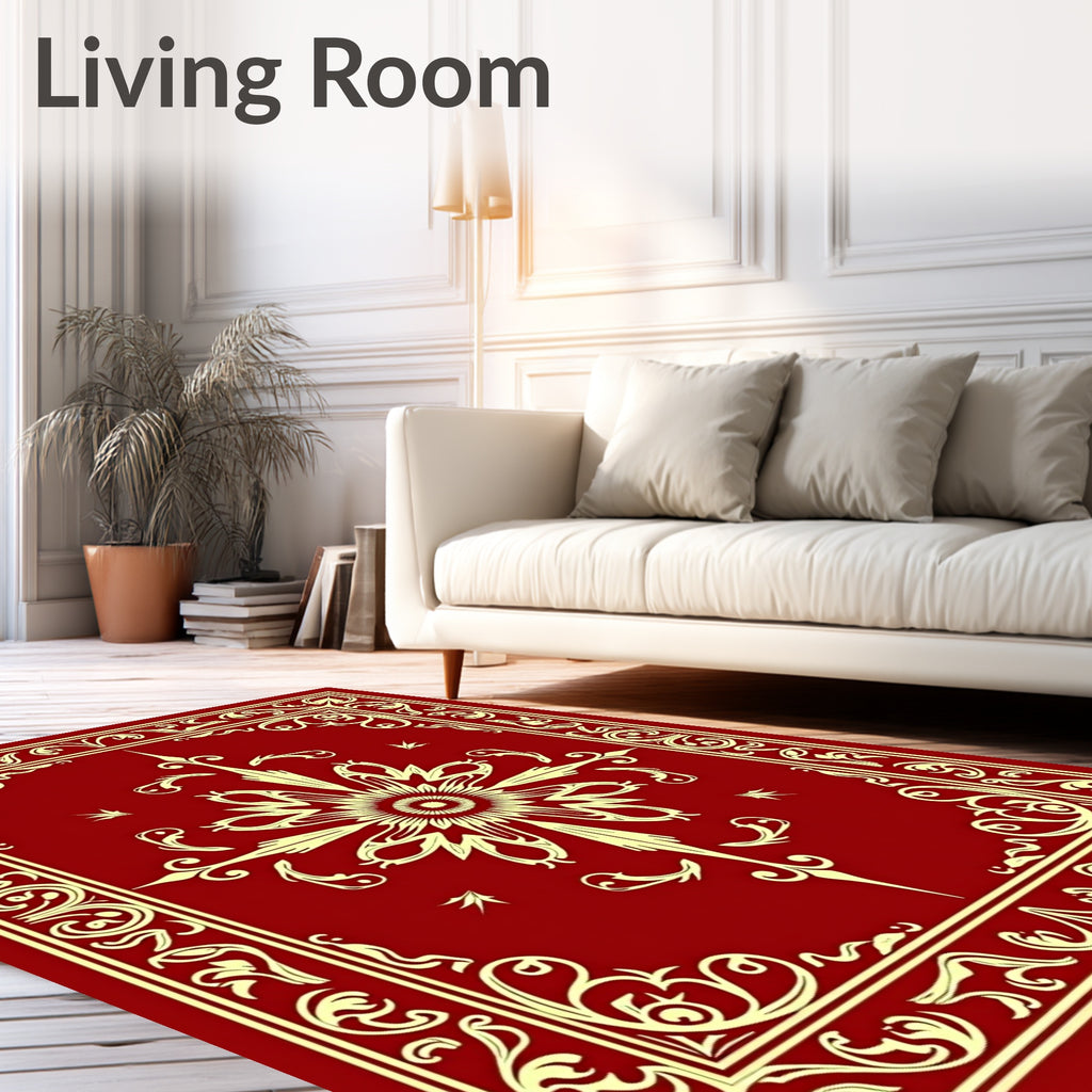 Rich Crimson Ornate Sunburst Border Rug