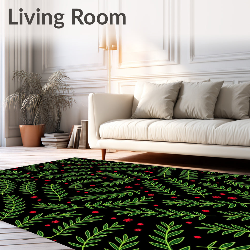 Green Leafy Branches with Red Berries Rug