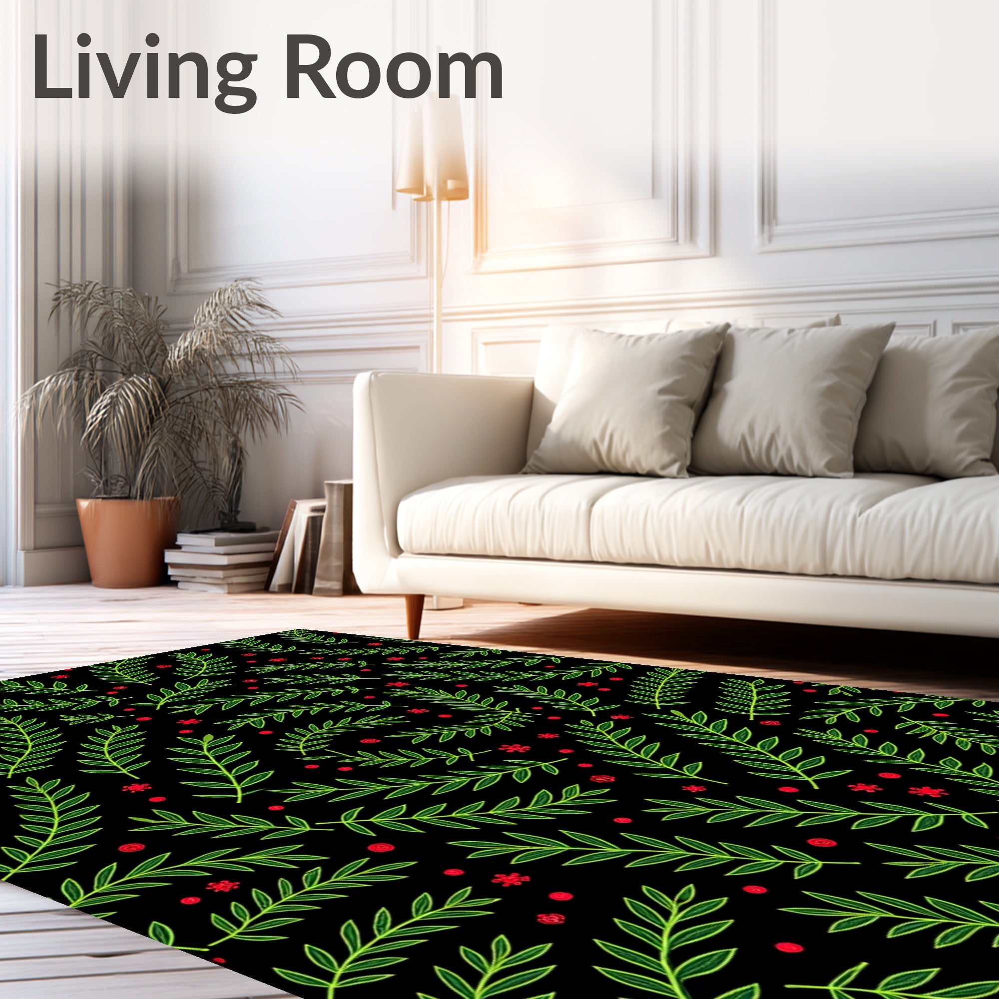 Green Leafy Branches with Red Berries Rug