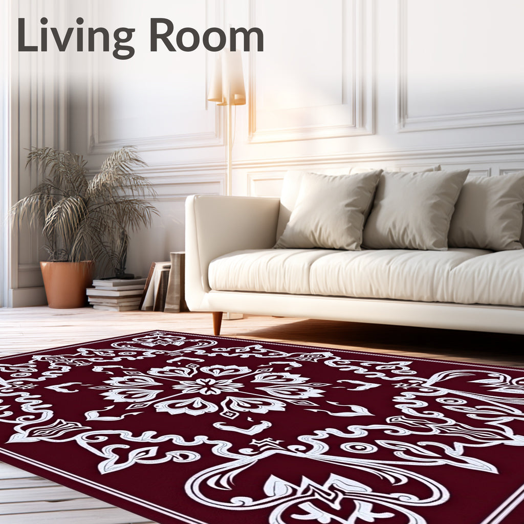 Crimson White Vintage Floral Scroll Rug