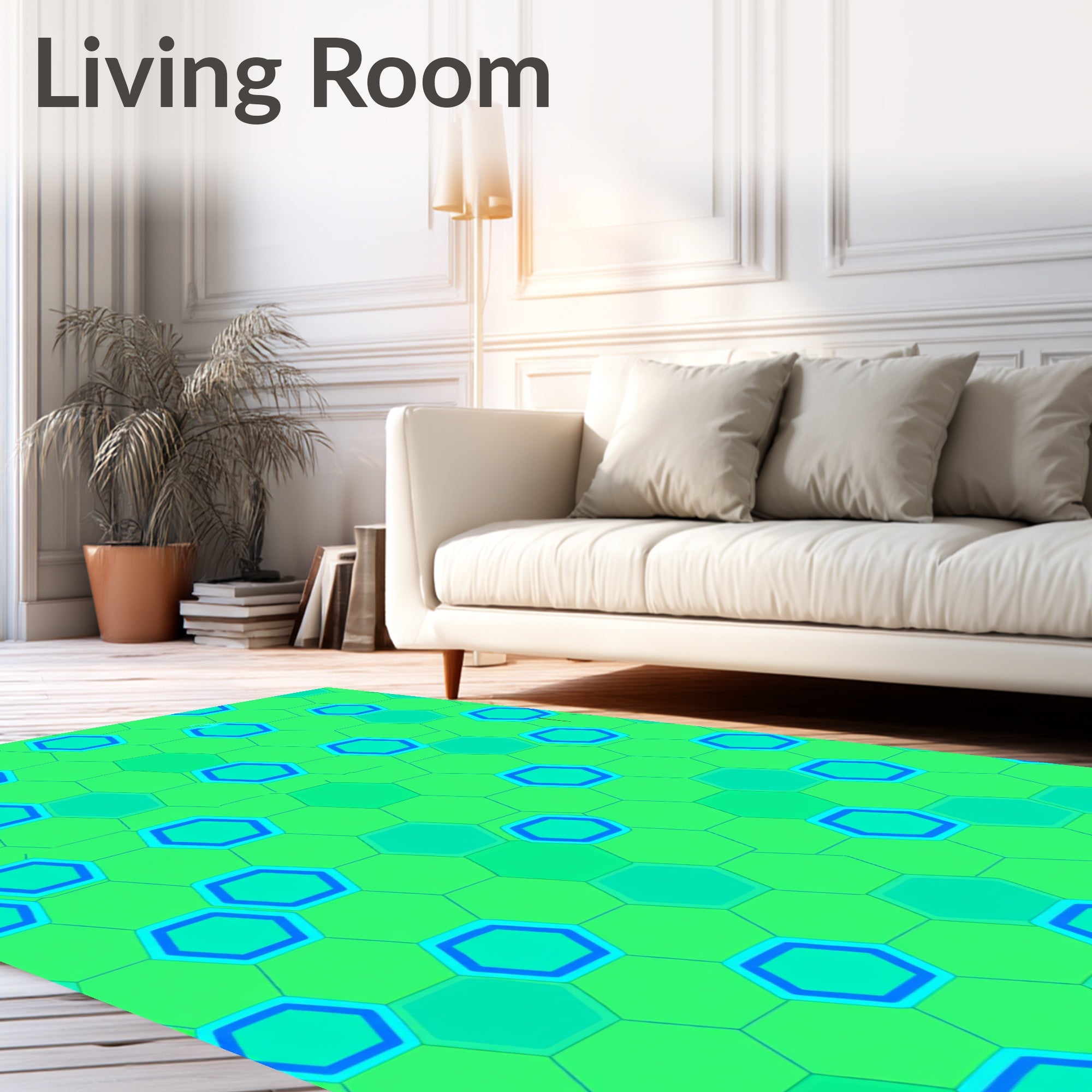 Vibrant Green Blue Hexagon Grid Rug