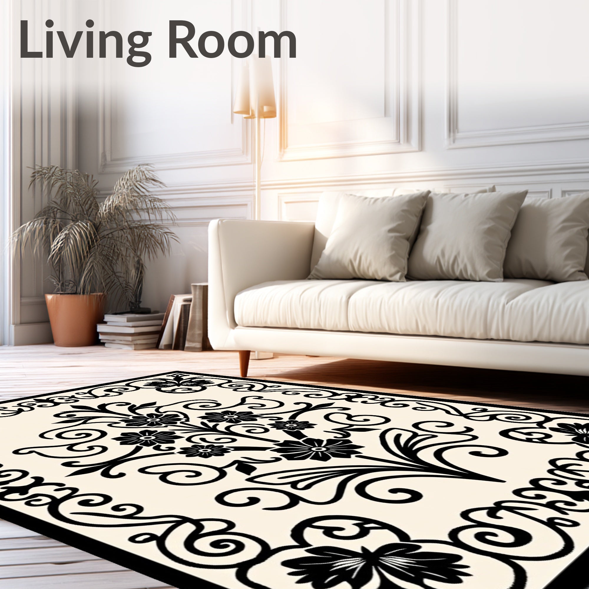 Black Ivory Floral Scrollwork Medallion Rug