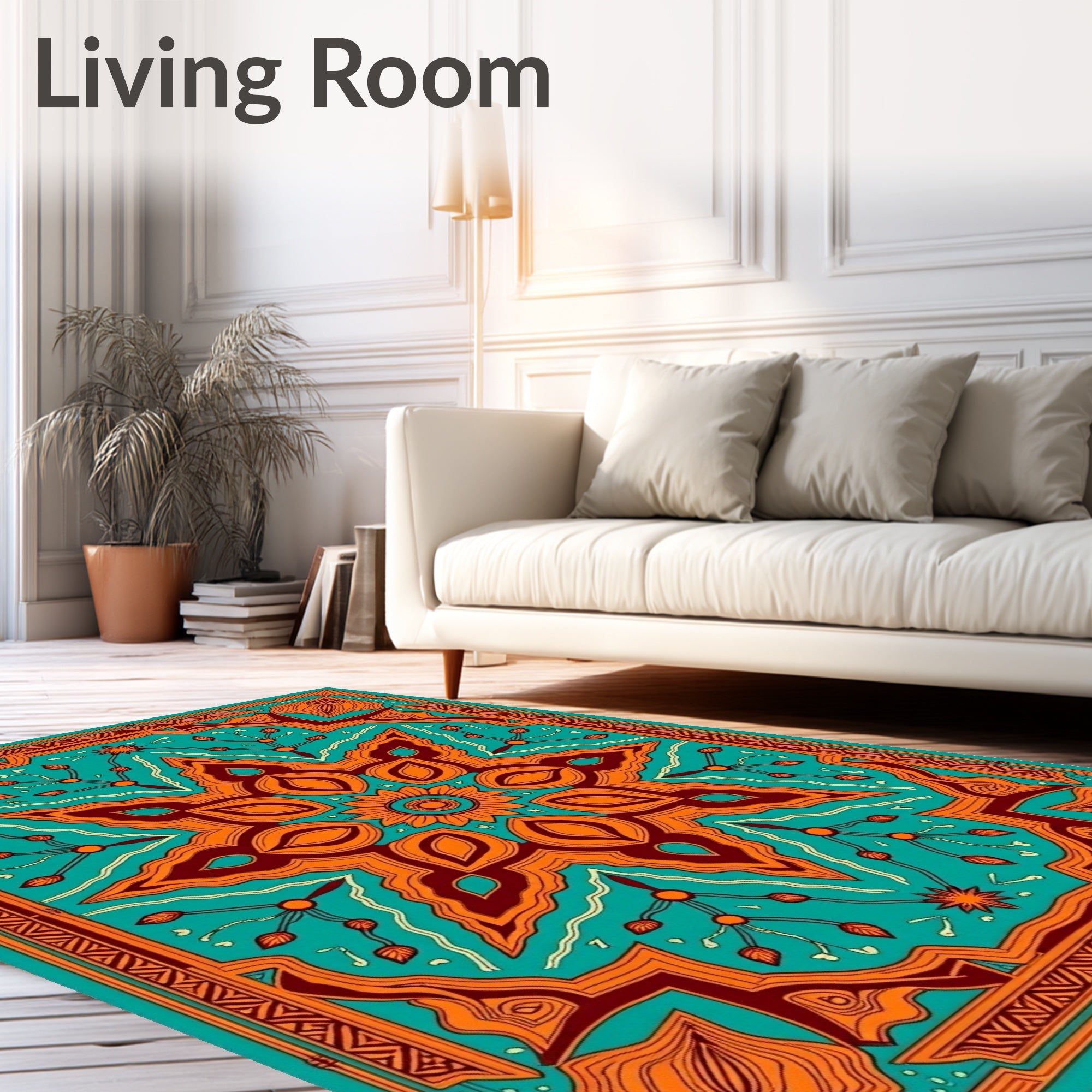 Vibrant Teal Orange Floral Medallion Rug