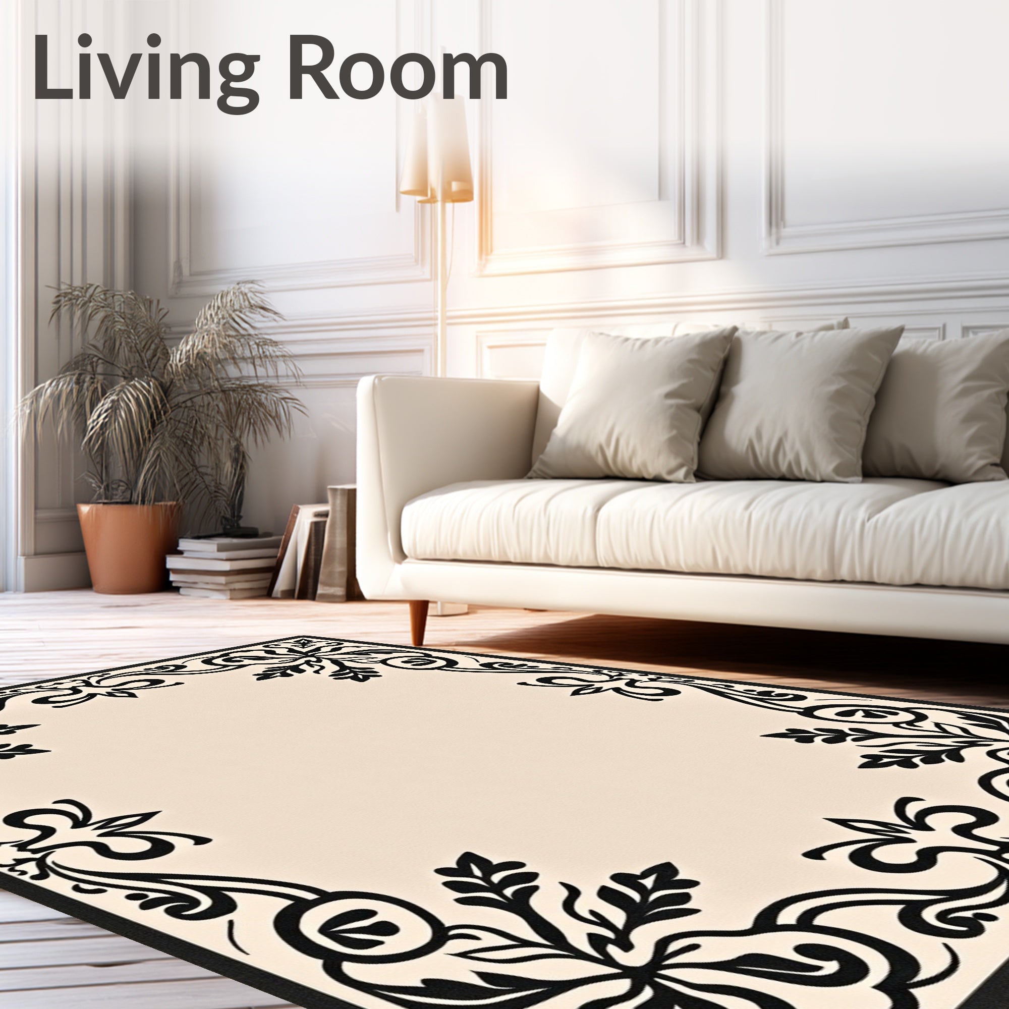 Black Floral Vine Border Rug