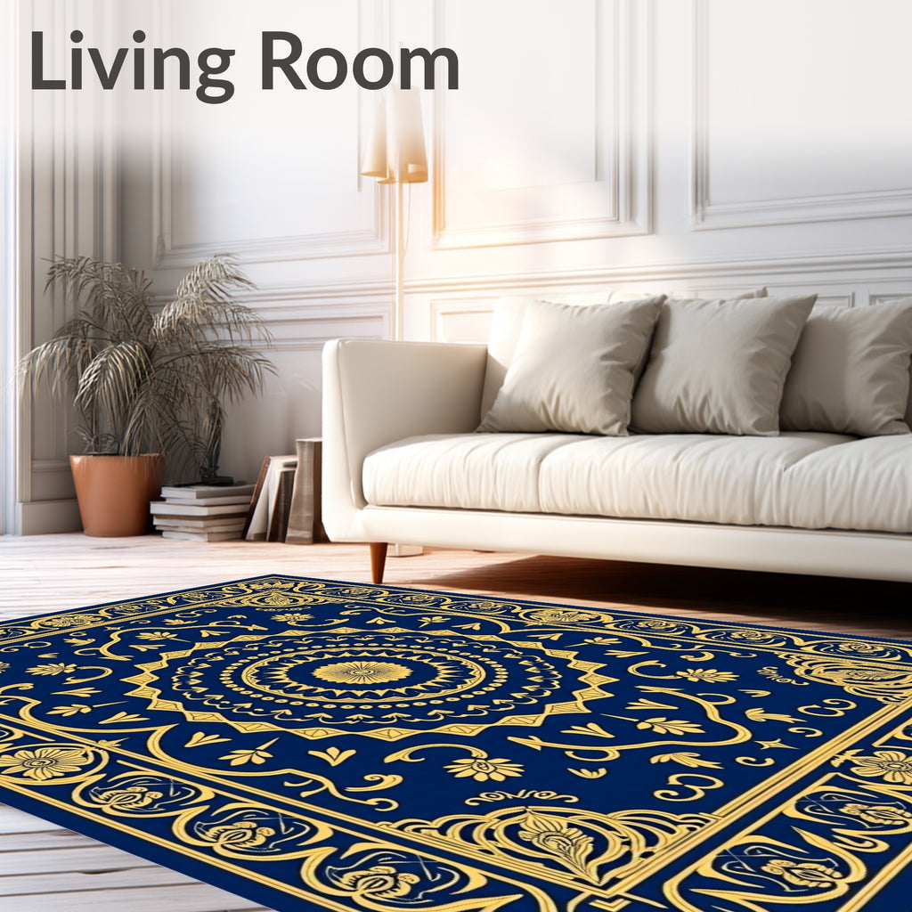 Ornate Navy Gold Mandala Rug