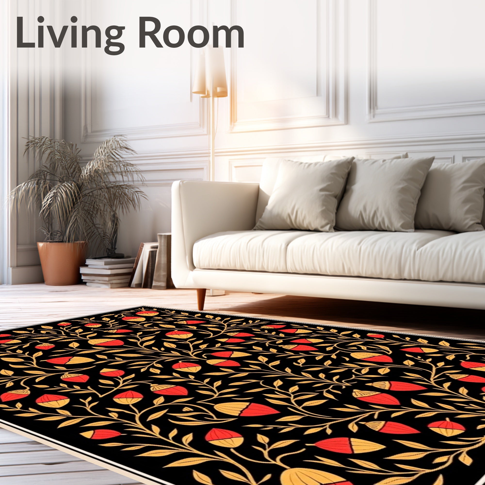 Art Nouveau Black Red Golden Acorn Swirl Rug