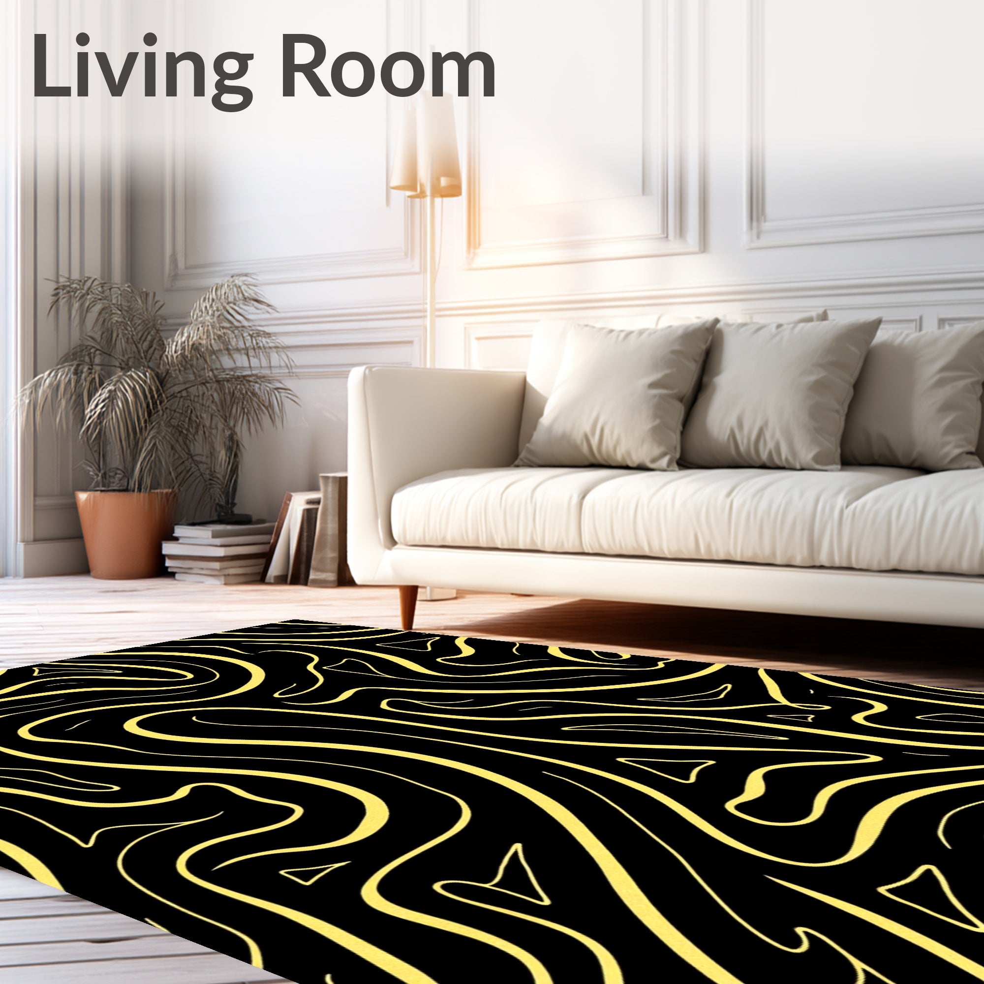 Black Yellow Swirling Abstract Flow Rug