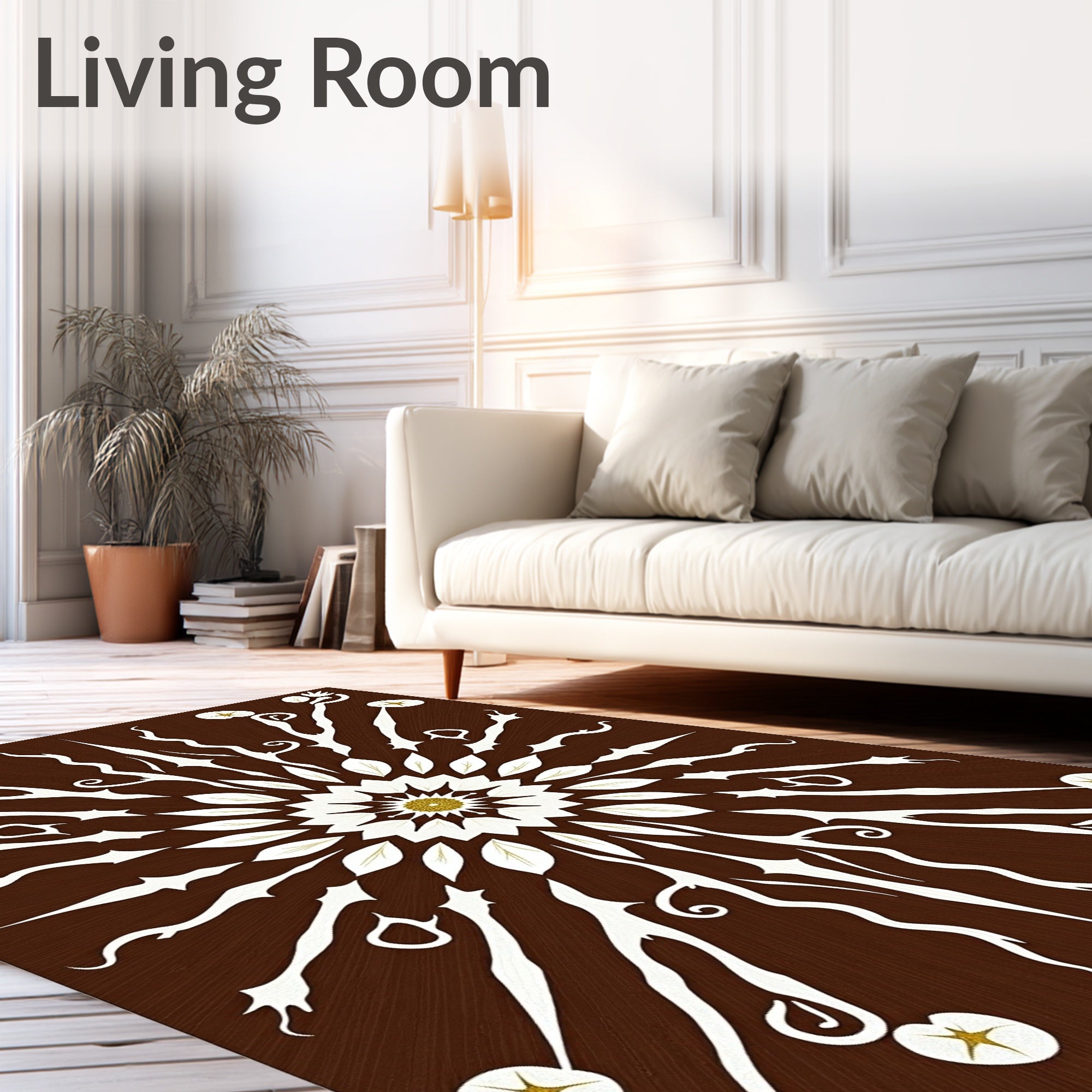 Brown White Golden Floral Mandala Rug