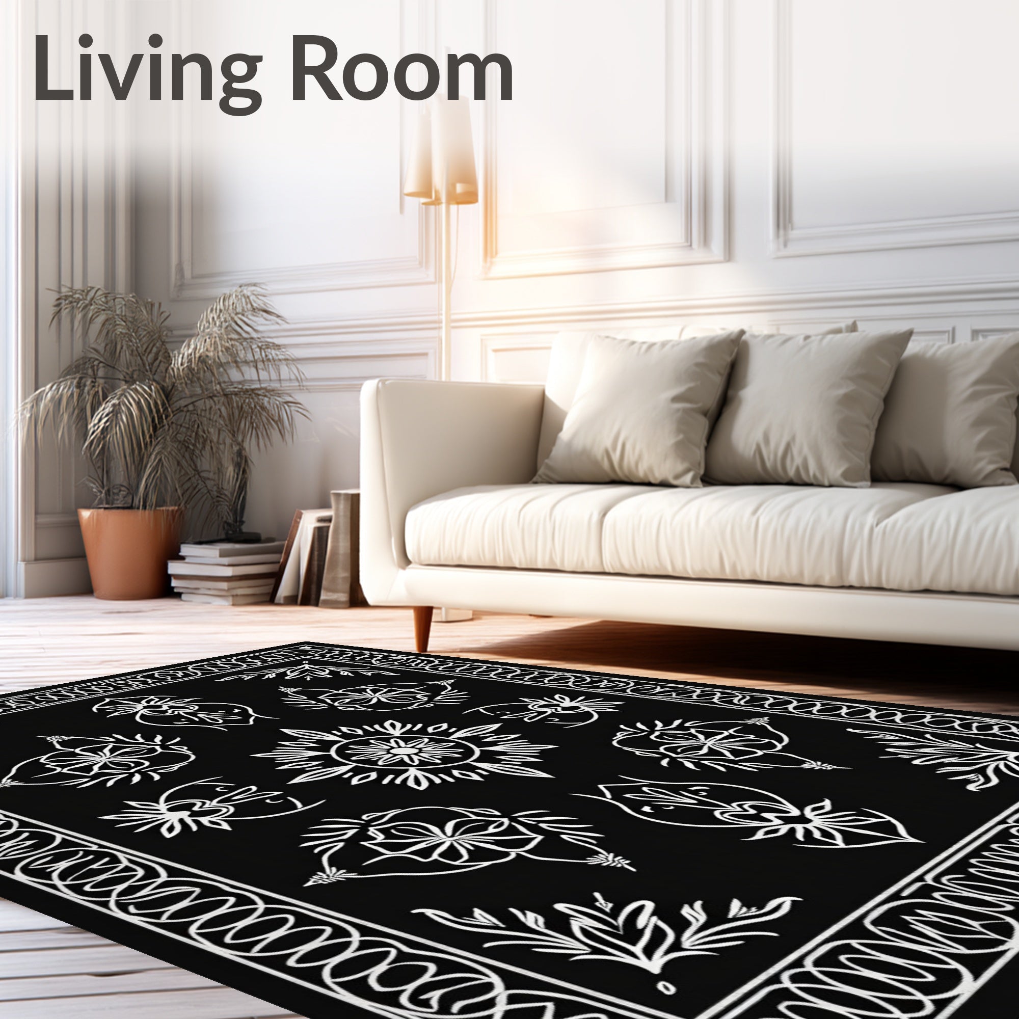 Black White Floral Medallion Arrangement Rug