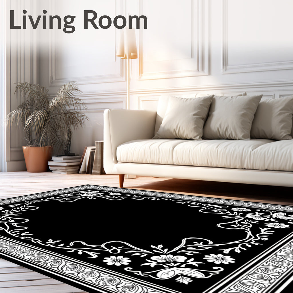 Ornate Black White Floral Garden Frame Rug
