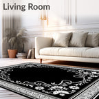 Ornate Black White Floral Garden Frame Rug