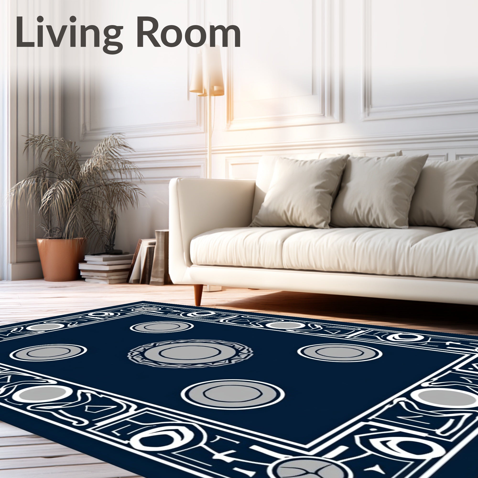 Navy Blue Geometric Circles Frame Rug