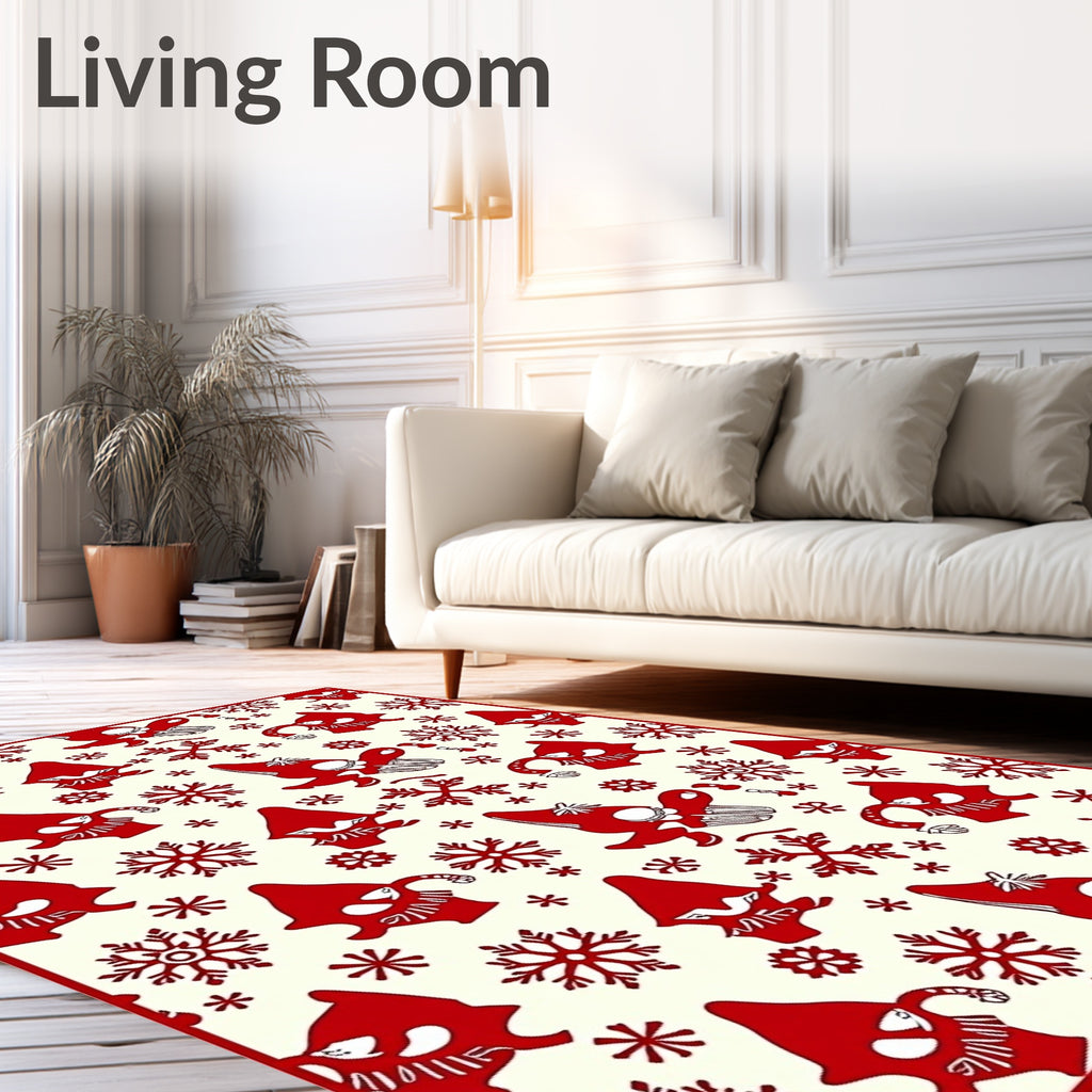 Red Gnomes Snowflakes Cream Background Rug