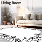 Ornate Floral Border Black White Rug