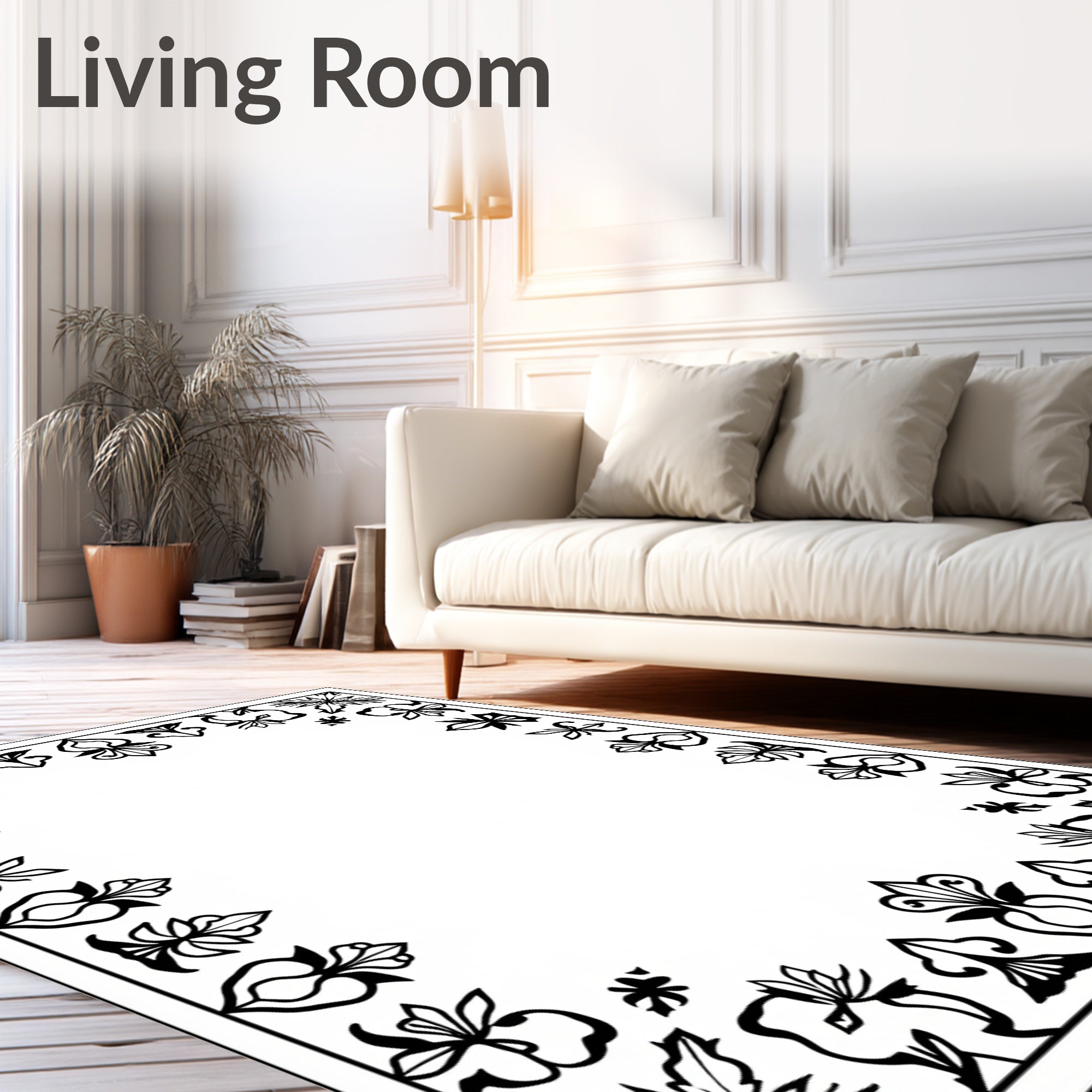 Ornate Floral Border Black White Rug