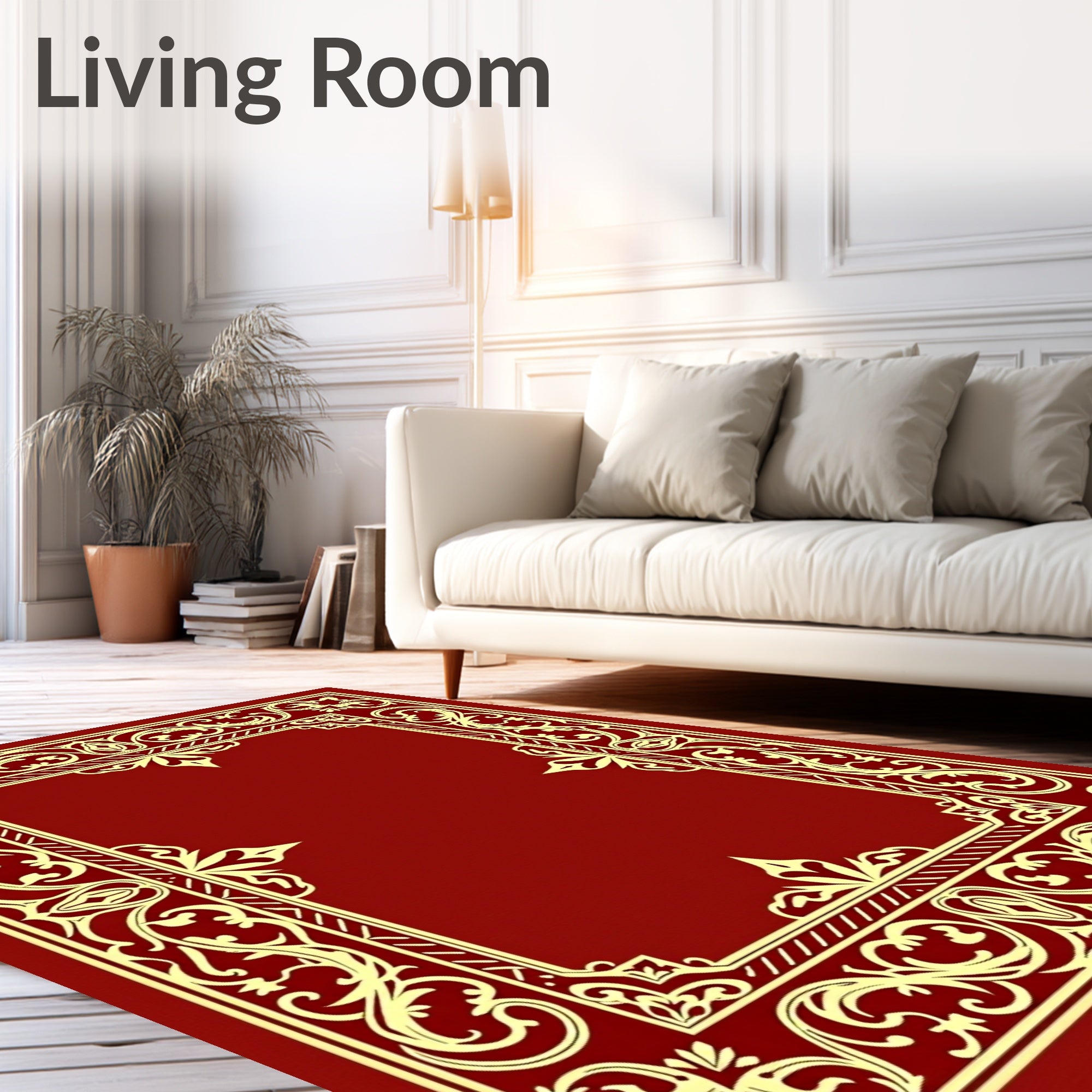 Crimson Yellow Ornate Scroll Border Rug