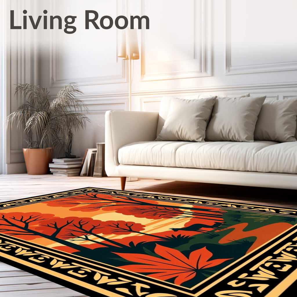 Autumn Forest Scene With Deer Border Rug