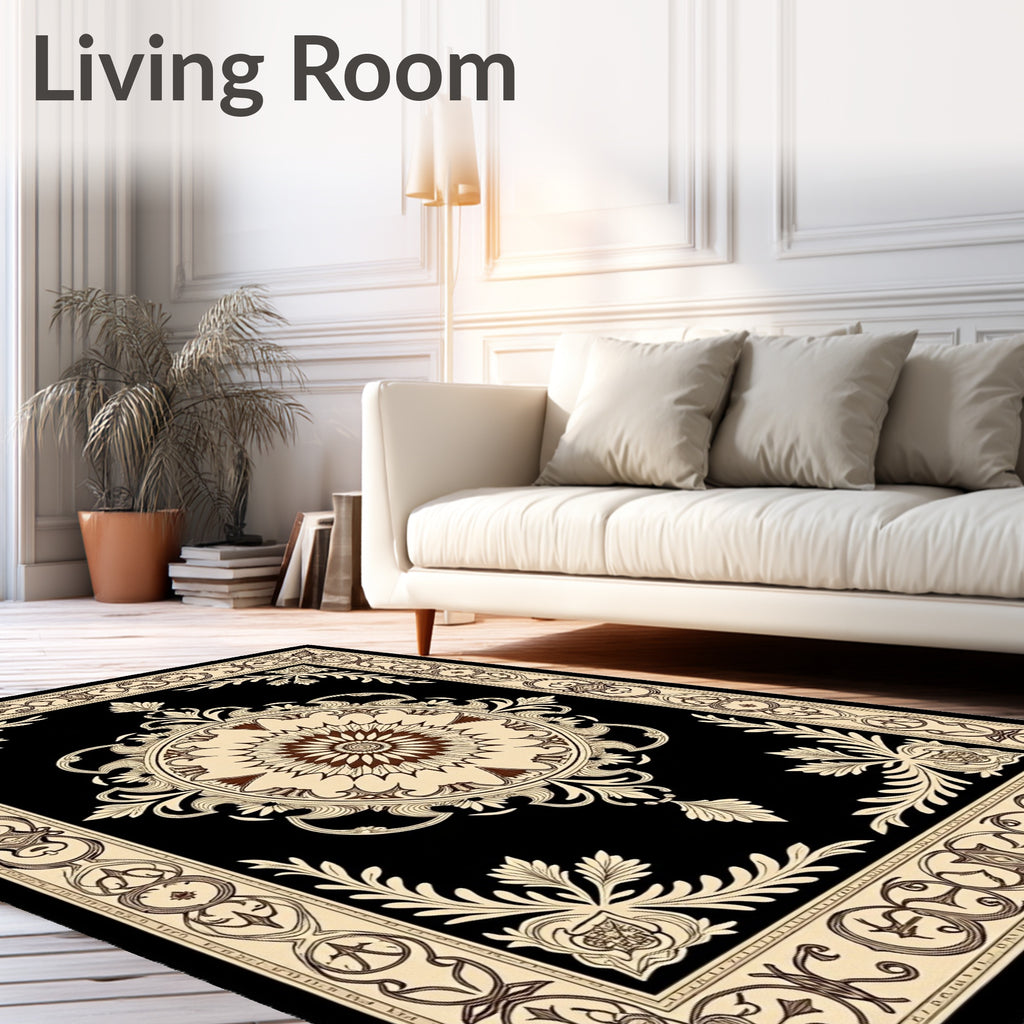 Black and Cream Floral Medallion Scroll Rug