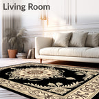 Black and Cream Floral Medallion Scroll Rug