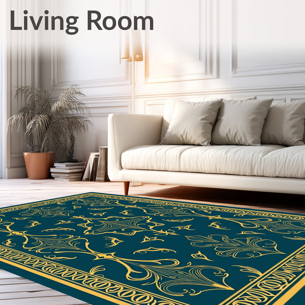 Gold Teal Victorian Scrollwork Rug