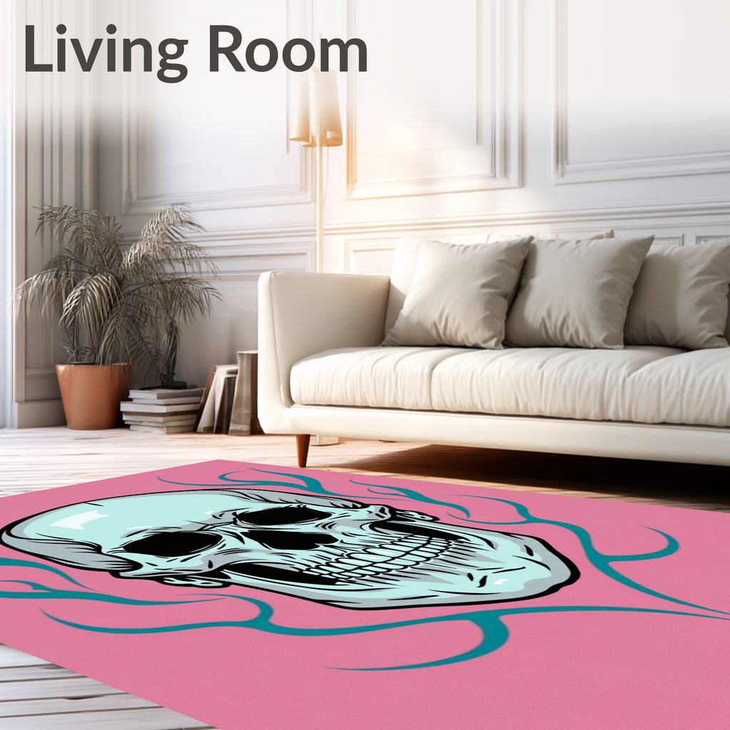 Pale Skull Teal Flame Pink Background Rug