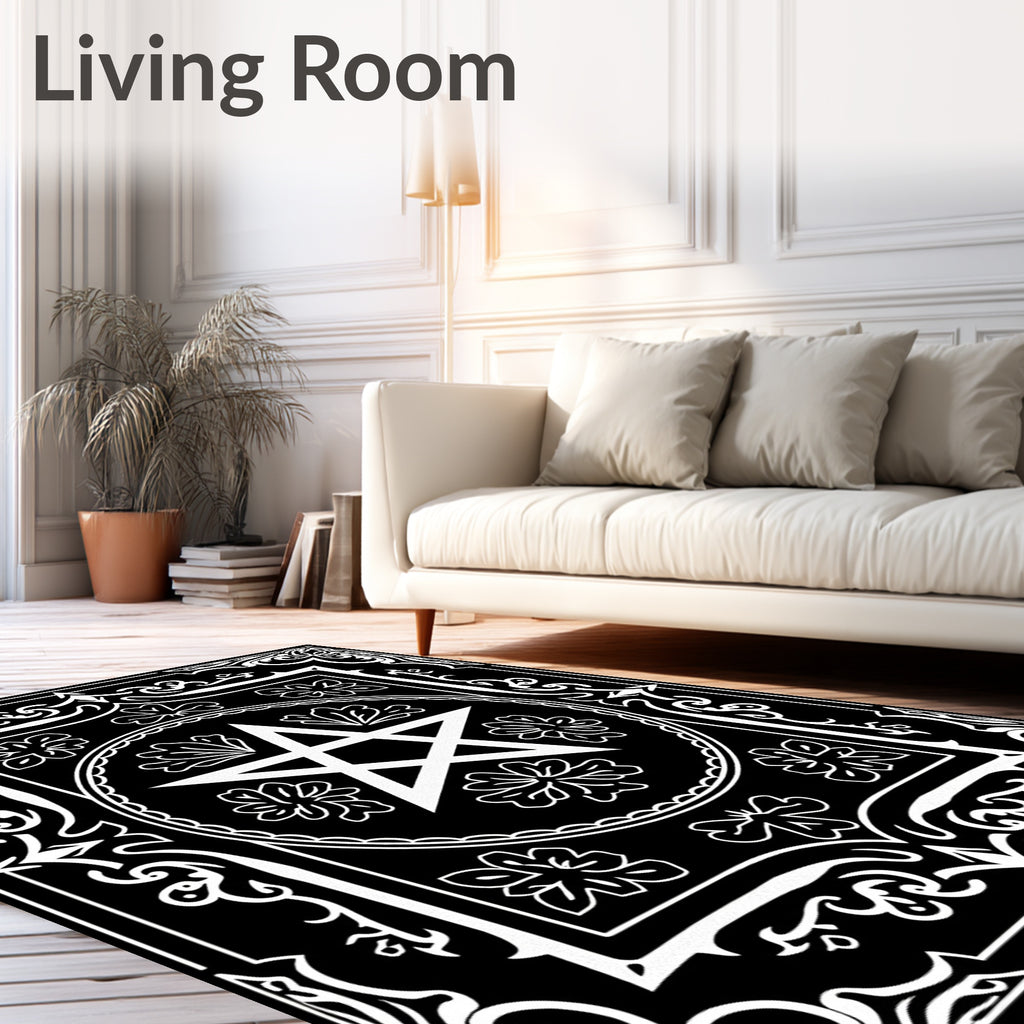Black White Star Pentacle Floral Border Rug