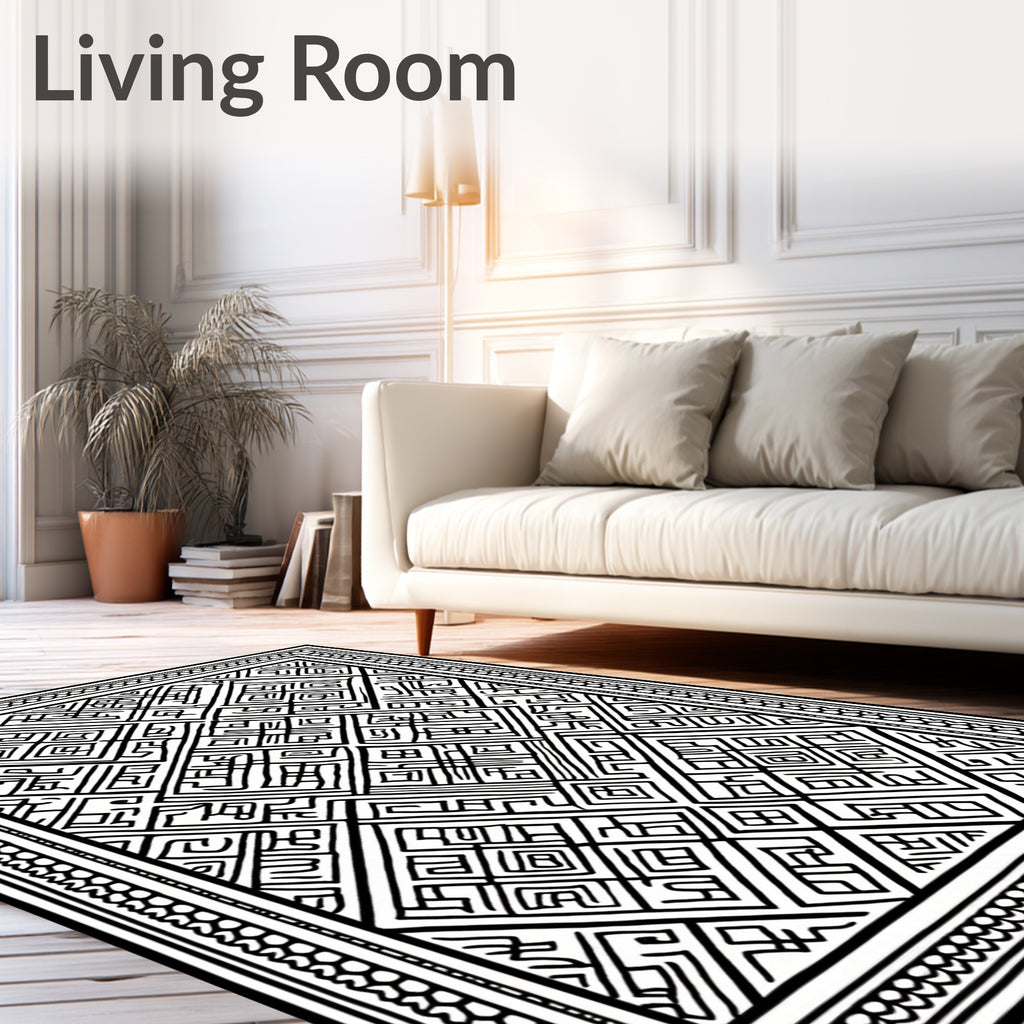 Black White Geometric Maze Rug