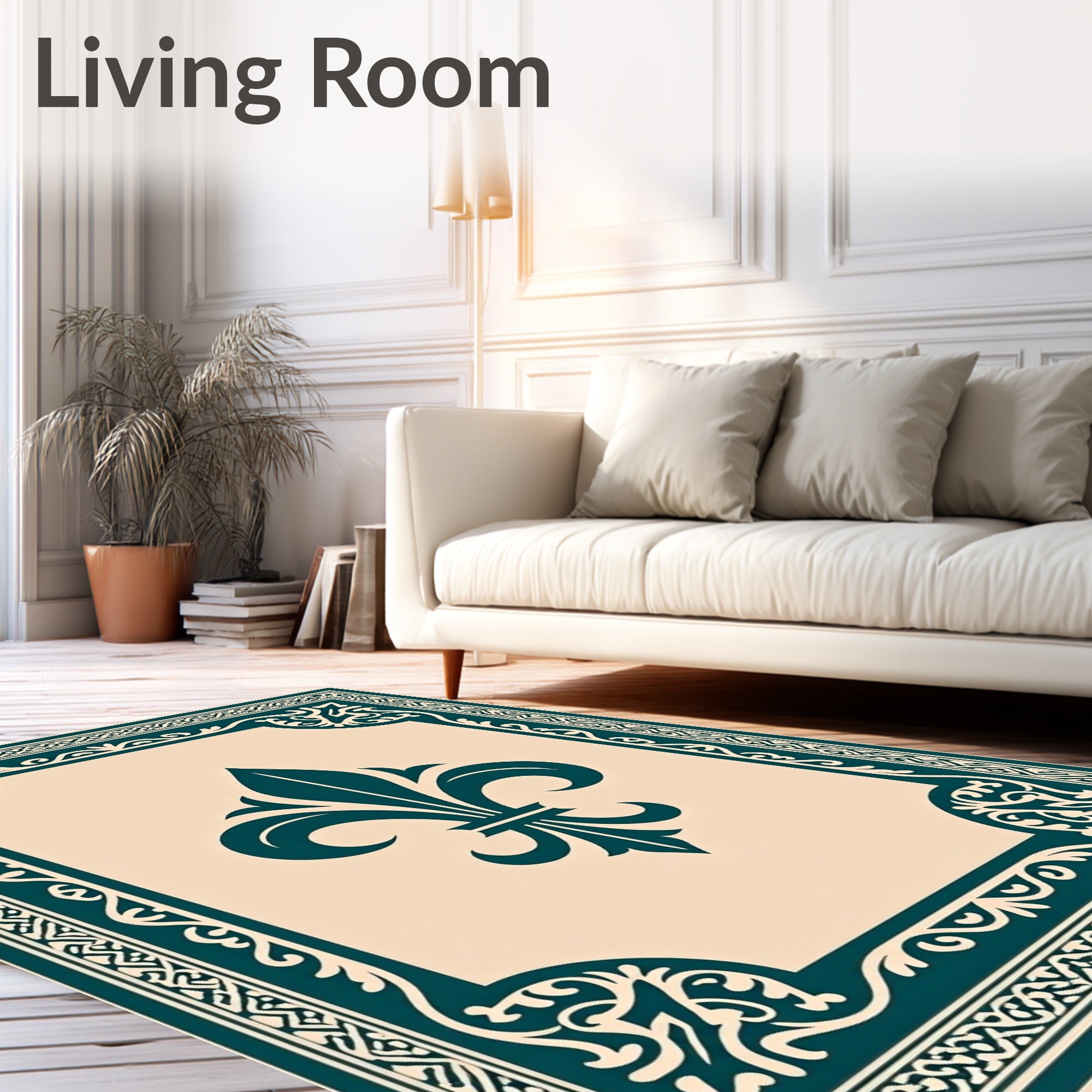 Teal Fleur De Lis Medallion Border Rug