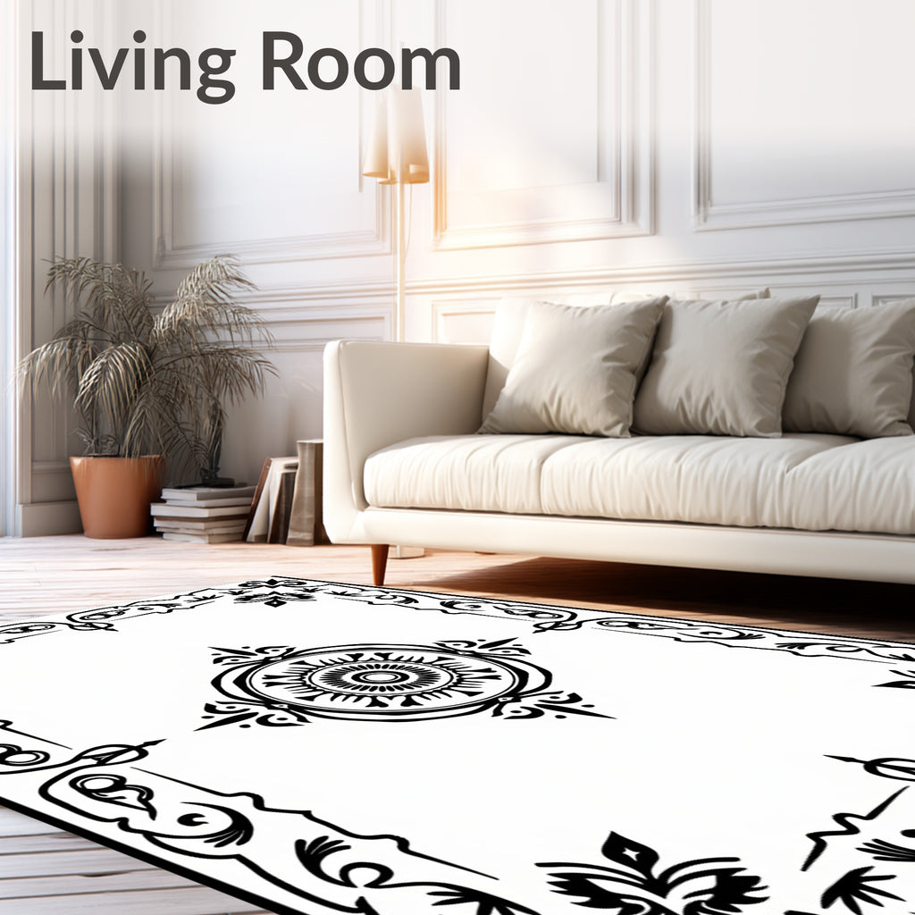 Bold Black Mandala Border Emblem Rug