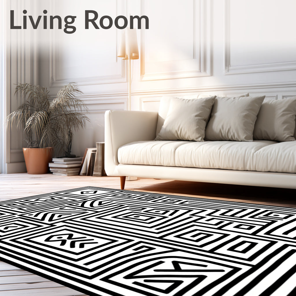 Bold Labyrinthine Black White Composition Rug