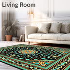 Ornate Black Teal Gold Geometric Medallion Rug