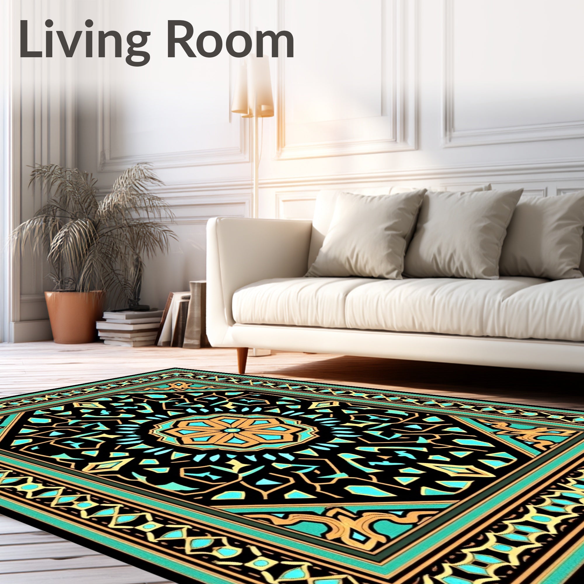 Ornate Black Teal Gold Geometric Medallion Rug