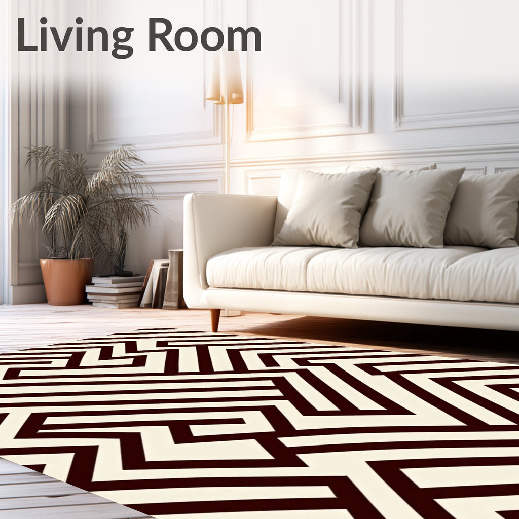 Cream and Dark Red Geometric Maze Rug