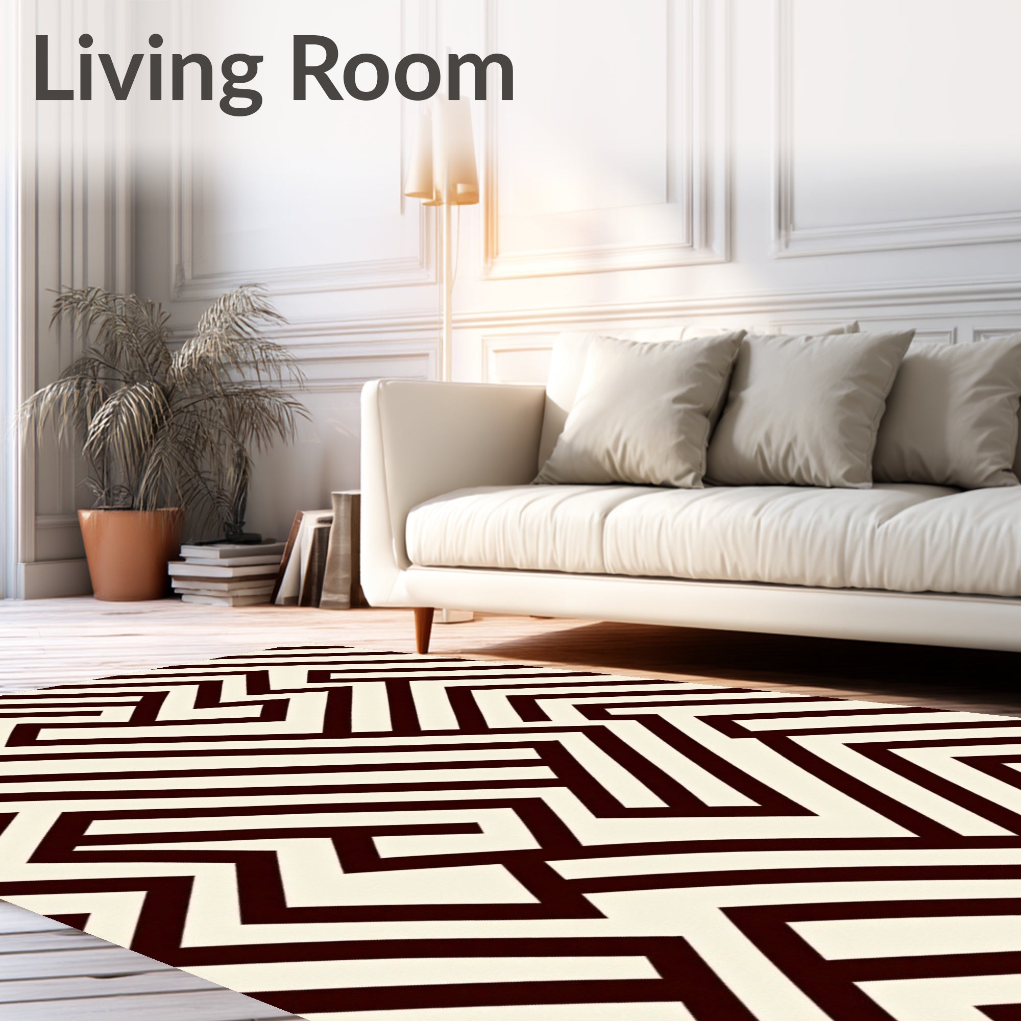 Cream and Dark Red Geometric Maze Rug